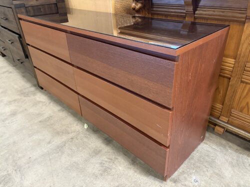 IKEA MALM Sleek Brown Wooden 6 Drawer Dresser with Glass Top