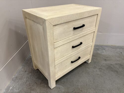 POTTERY BARN Linwood Textured Whitewashed Finish 3 Drawer Nightstand with Sleek Black Hardware