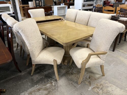 DREXEL Blonde Double Pedestal Extension Table w/ 8 Cream Damask Upholstered Chairs