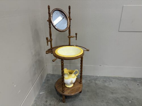 Vintage Victorian Style Wooden Barley-Twist Washstand with Round Pivoting Mirror, Candle Sconces and Yellow Ceramic Basin and Pitcher Set