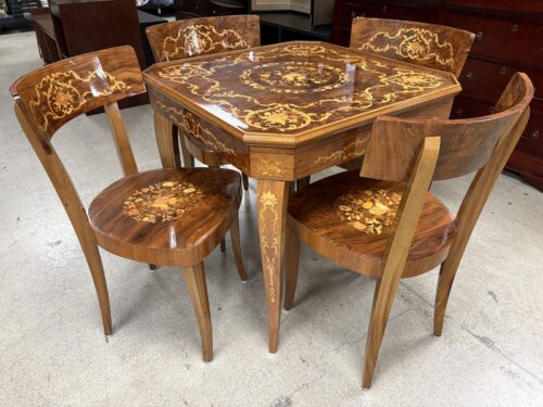 Vintage Italian Marquetry Intricate Floral Inlay Multi-Game Table & Chairs (Set of 5)