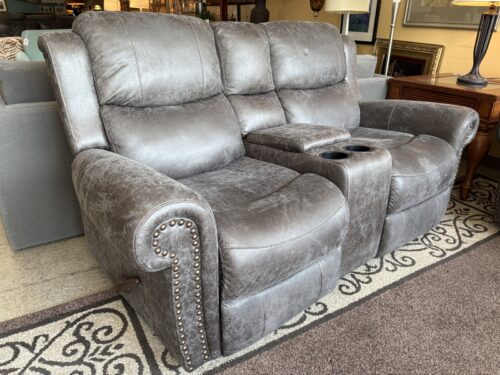 Dark Grey Manual Reclining Loveseat w/ Storage Console & Nailhead Trim