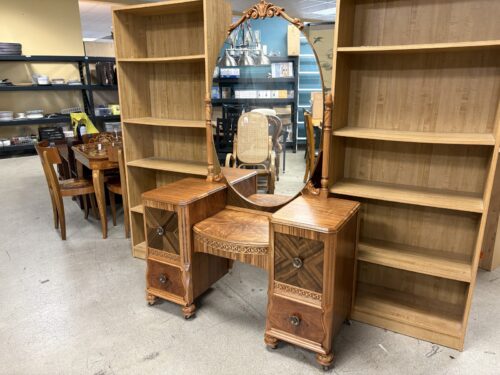 Vintage 1930's Art Deco Mixed Veneer Waterfall Vanity w/ Oval Mirror