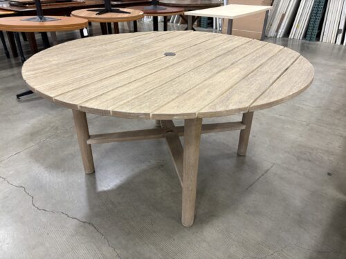 Round Weathered Teak Outdoor Dining Table with Hole for Umbrella