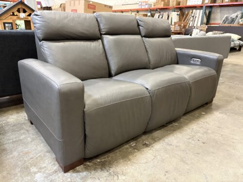 LA-Z-BOY Stone Grey Leather Power Reclining Sofa with Adjustable Headrest