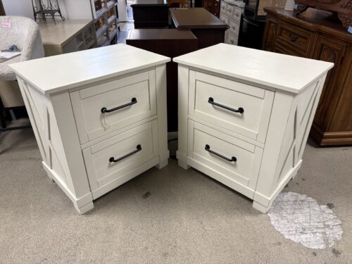 White Rustic Farmhouse 2-Drawer Nightstand w/ Power Strip & Hidden Drawer (Set of 2)