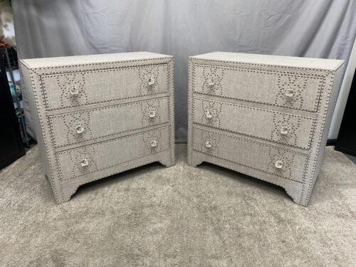 PIER 1 IMPORTS Lexford Grey Fabric Upholstered Nailhead Trim 3-Drawer Nightstands (Set of 2)