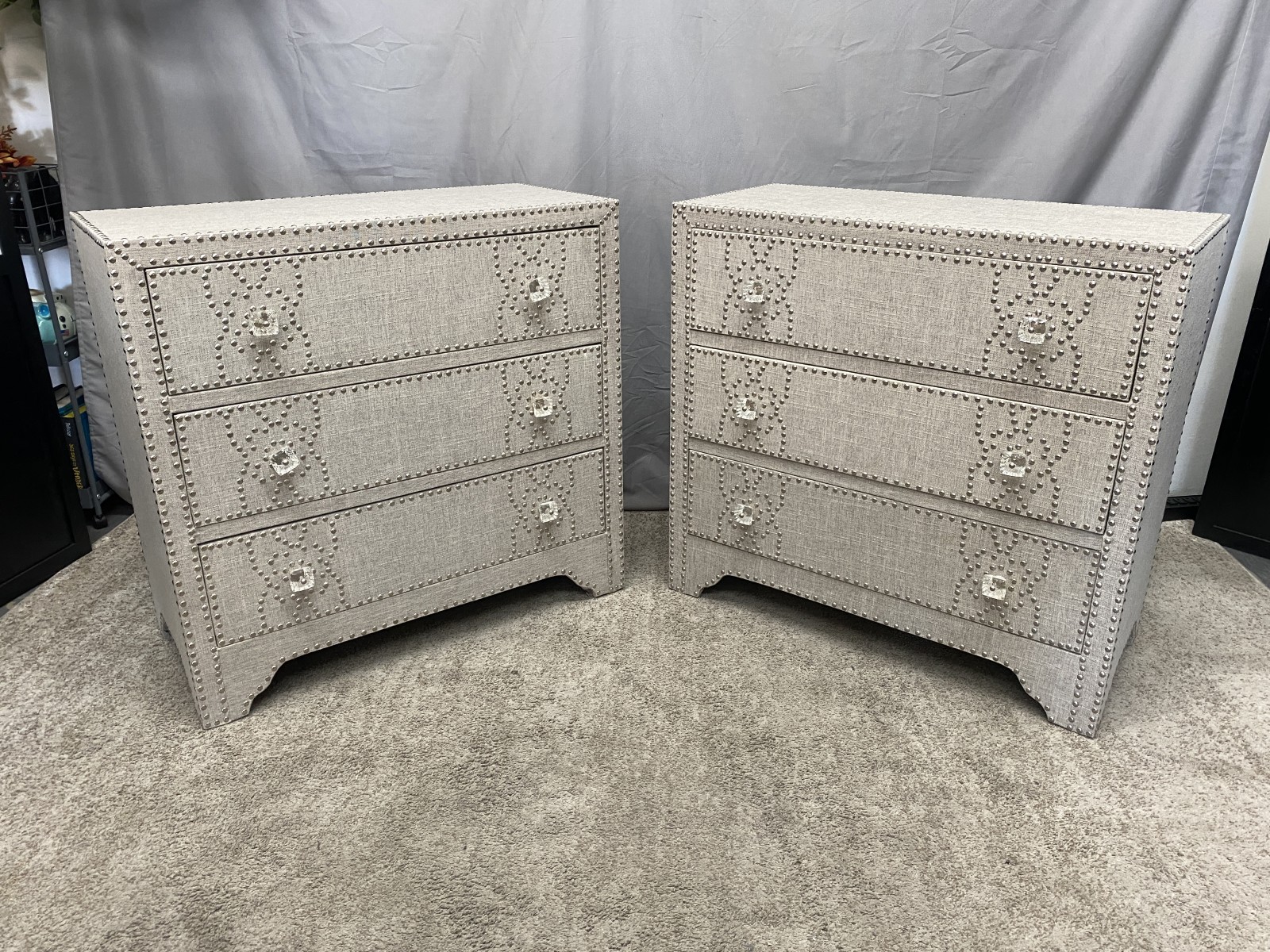PIER 1 IMPORTS Lexford Grey Fabric Upholstered Nailhead Trim 3-Drawer Nightstands (Set of 2)