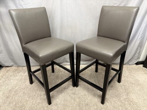 CRATE & BARREL Lowe Smoke Grey Leather Counter Stool w/ Ebony Wood Legs (Set of 2)