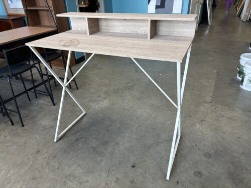 Light Finish Standing Desk with Storage Hutch and White Metal Frame