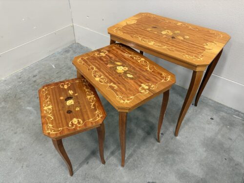 Vintage Blonde Italian Nesting Tables with Floral Marquetry Inlay