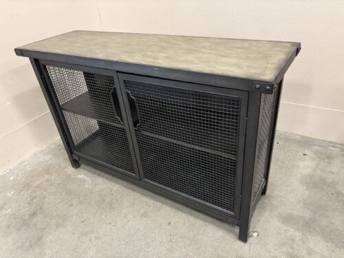 Industrial Style Accent Cabinet with Wire-Mesh Front and Grey Wash Top