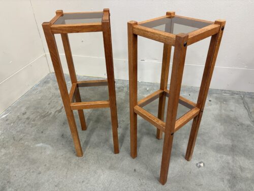 Vintage Danish Modern Teak 2 Tier Plant Stand with Smoked Glass Inserts (Set of 2)