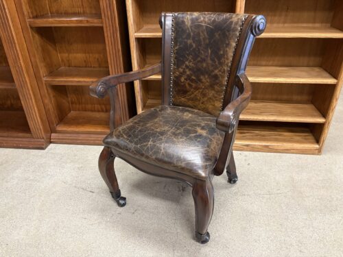 FRONTGATE Disstressed Upholstry Scroll Arm Executive Chair w/ Floral Relief Back