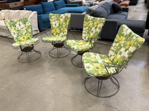 HOMECREST Vintage Mid-Century Modern Wire Frame Patio Chairs with Green and Yellow Floral Cushion (Set of 4)