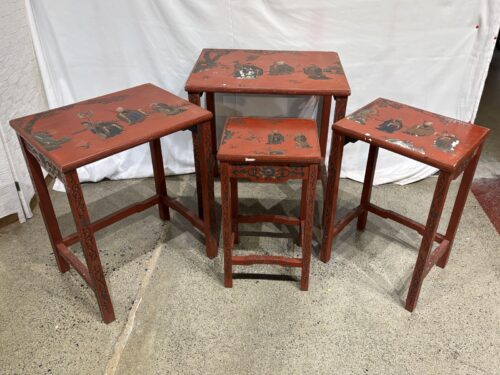 Carved Red Chinoiserie Nesting Tables (Set of 4)