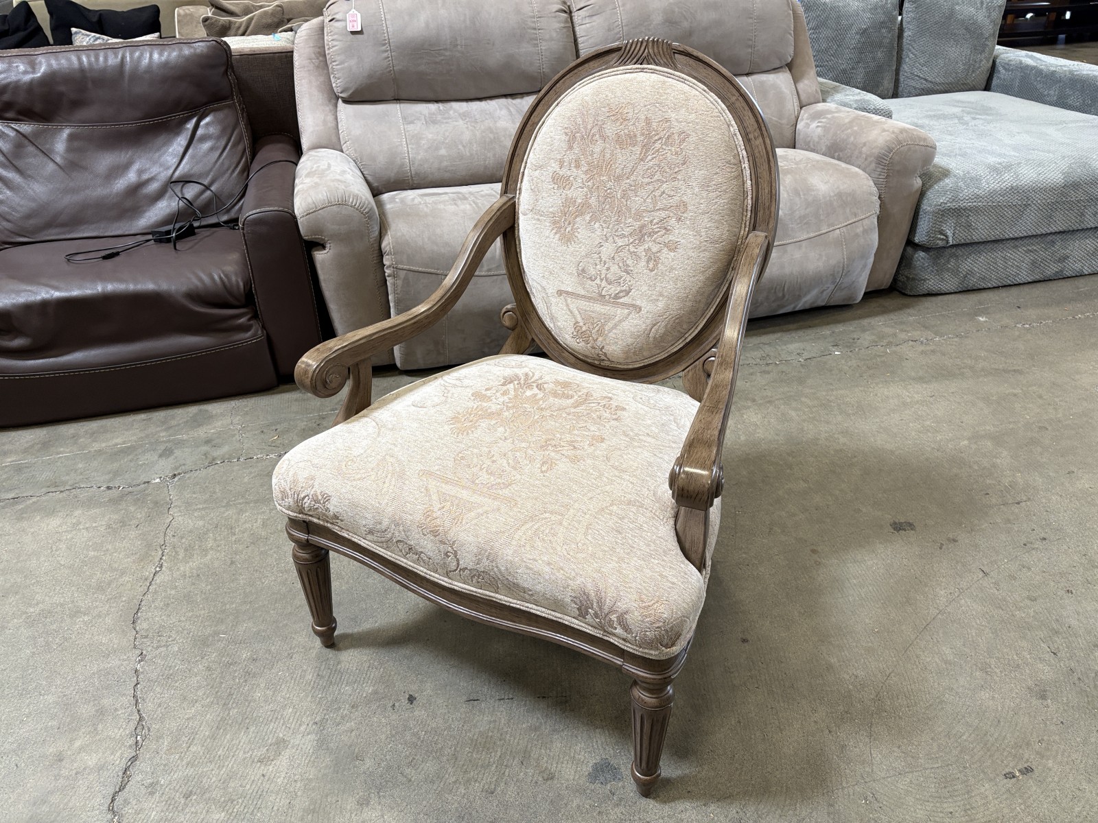 BERNHARDT French Bergere Style Armchair with Beige Floral Upholstery and Wooden Frame