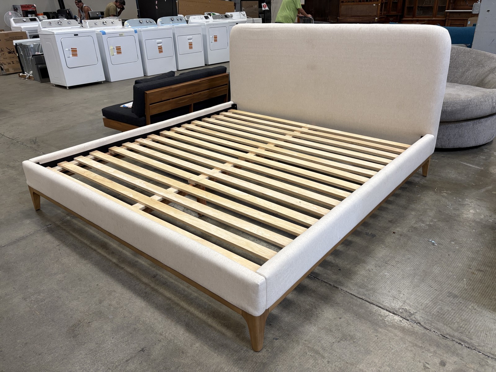 ARTICLE Rosin Coastal Style Sand Ivory Upholstered King Size Bed Frame with Natural Oak Finished Frame