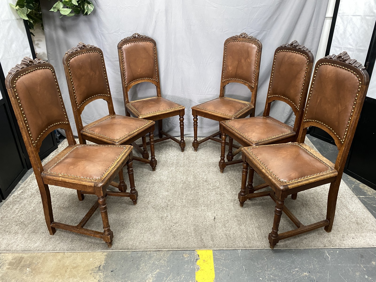 Antique Jacobson Leather Carved Oak Dining Chairs w/ Nailhead Trim (Set of 6)