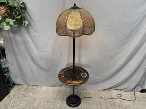 Vintage Bronze End Table Floor Lamp w/ Rattan Shade