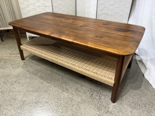 Calais Solid Wood Coffee Table with Woven Storage Shelf in Chestnut