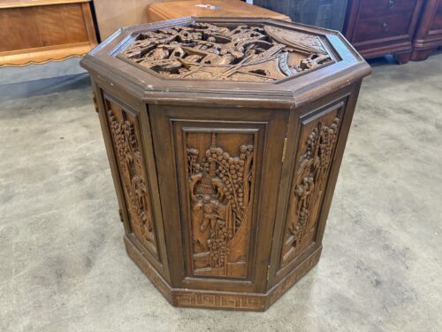 Vintage Chinoiserie Hand Carved Octagonal Wooden Accent Table with Storage Cabinet