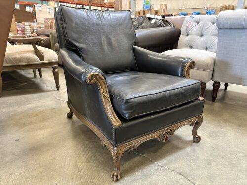 Vintage French Provincial Style Black Leather Armchair with Ornately Carved Wood Frame, Cabriole Feet and Nailhead Trim