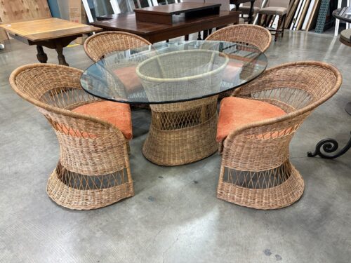Vintage Woven Rattan Patio Dining Set with Glasstop Table and Orange Seat Cushions