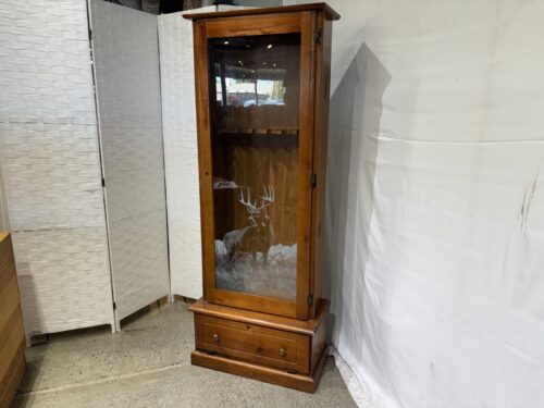Rustic Pine Gun Cabinet with Deer Portrait