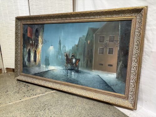 Vintage Framed European Nightscape Oil Painting