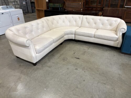 Vintage Ivory Leather Button Tufted Curved Corner Sectional with Rolled Arms