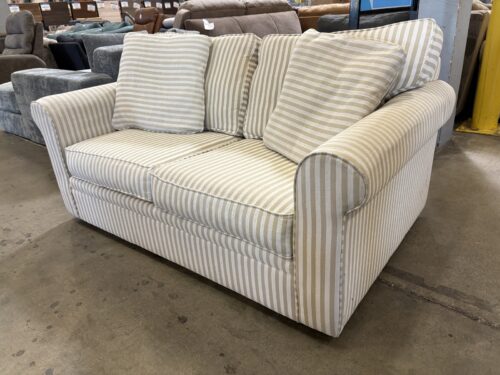 BAUHAUS Vintage Coastal Style Neutral Stripe Upholstered Loveseat with Roll Arms