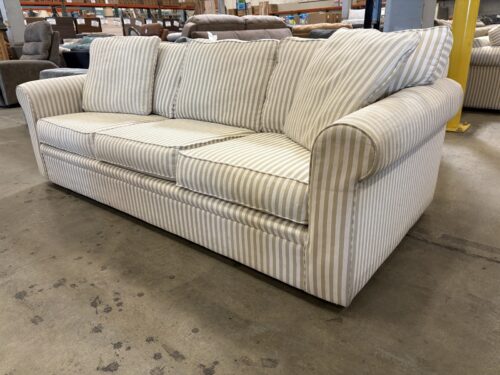 BAUHAUS Vintage Coastal Style Neutral Stripe Upholstered 3 Seat Sofa with Roll Arms