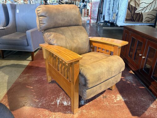 Mission Style Exposed Oak Frame Recliner Chair with Brown Cushions