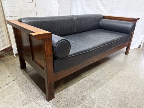 Mission Arts & Crafts-Style Wood and Black Leather Settle Sofa
