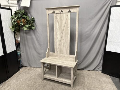 BUSH FURNITURE Weathered Grey 6-Hook Hall Tree w/ Shoe Storage Bench
