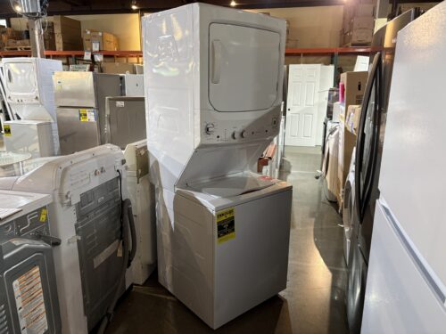 NEW! GE Top load Washer and 5.9-cu ft Electric Dryer Stacked Laundry Center Model # GUD27ESSM1WW