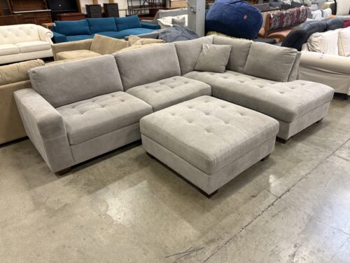 THOMASVILLE Miles Grey Upholstered L-Shaped Sectional with Tufted Seats and Matching Storage Ottoman