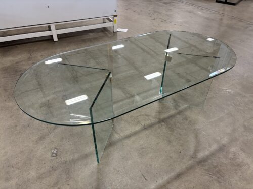 Modern Oval All-Glass Coffee Table with Metal Joined Panel Base