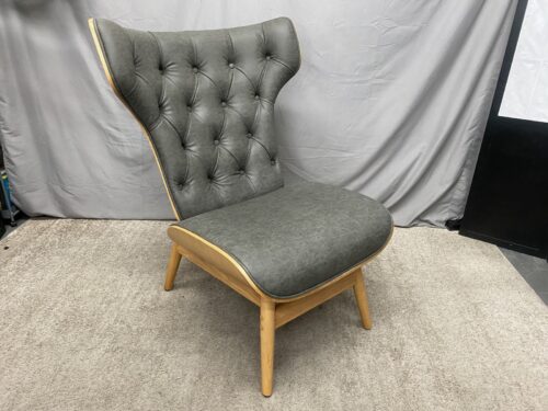 Distressed Dark Grey Tufted MCM Style Lounge Chair w/ Natural Wood Frame