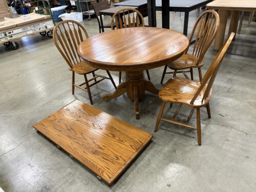 Vintage Wooden Round Pedestal Dining Table with 4 Slat Back Chairs and Extension Leaf