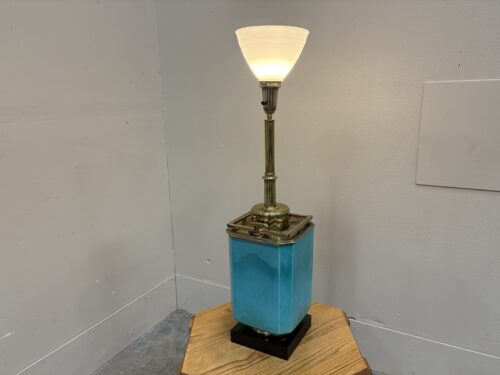 Vintage Mid-Century Modern Edwin Cole for Stiffel Auqa Crackle Glazed Ceramic and Brass Table Lamp with Textured Milk Glass Shade