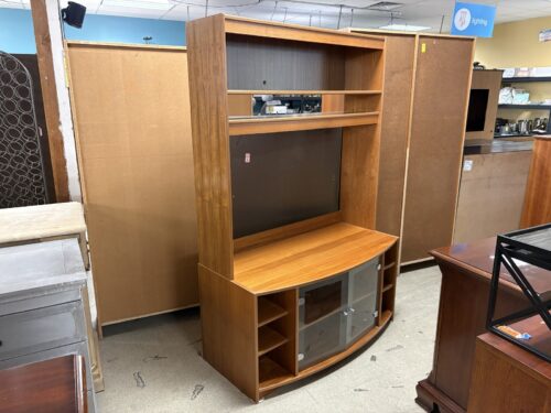 Vintage Teak Open Shelf Wall Unit w/ Lower Glass Door Cabinet