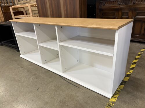 White Media Stand with Adjustable Shelves and Nattural Wood Finished Top