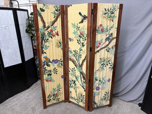 Wood Framed Avian Botanical Three Panel Room Divider