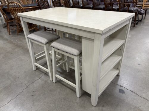 White Oak Finished Counter-Height Dining Island with Side Shelving and 4 Nesting Stools