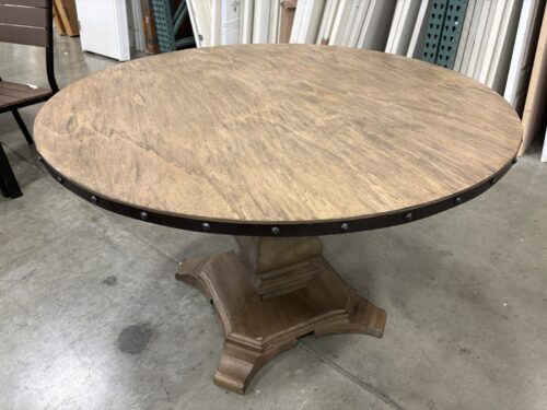 Round Rustic Tavern Table with Studded Metal Trim and Pedestal Base