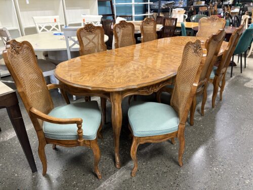 DREXEL Vintage French Provincial Oak Extension Table w/ 8 Cane Back Chairs