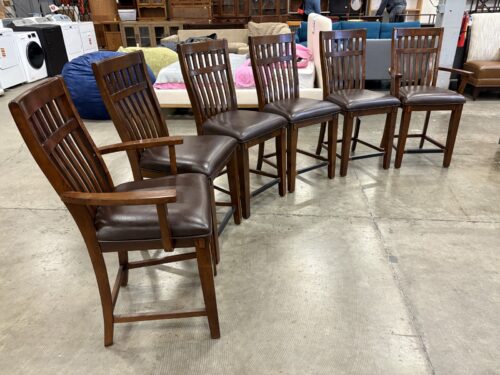 Dark Finished Mission Style Slat-Back Dining Chair with Espresso Leather Upholstery (Set of 6)