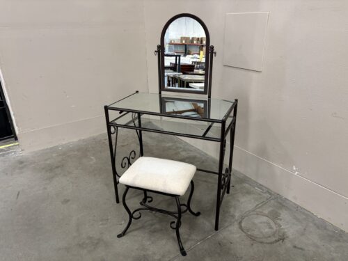 Metal Scrollwork Mirrored Vanity Table and Stool with Clear Glass Shelf